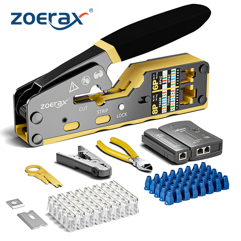 ZoeRax 8 en 1 Kit de herramientas de engarzado RJ45, herramienta de engarzado, probador de cables, cortador de cables, cuchillas, 50 conectores Cat 6 y botas de alivio de tensión