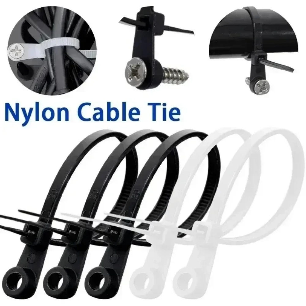 1000/100PCS Screw Hole Nylon Cable Ties Multipurpose Duty Adjustable Self-locking Cord Ties Organizer Straps Fastening Loop
