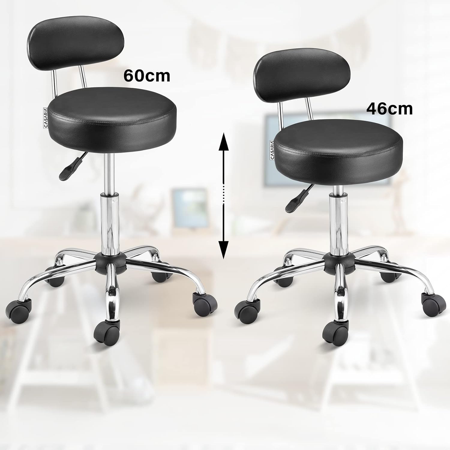 Taburete con Ruedas Respaldo Altura Ajustable 46-60cm 360o Asiento 10 cm Negro