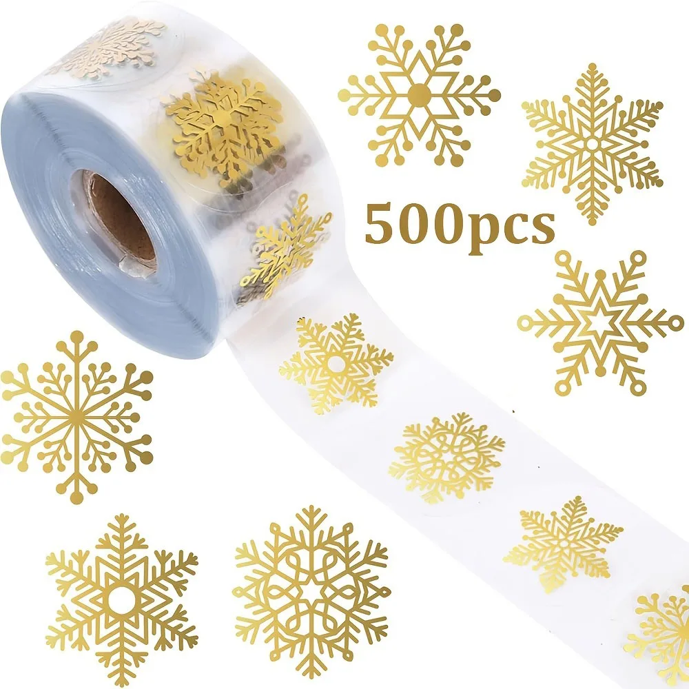 500 pçs/rolo dourado floco de neve adesivos de natal transparente auto-adesivo decoração feriado diy artesanato scrapbooking suprimentos