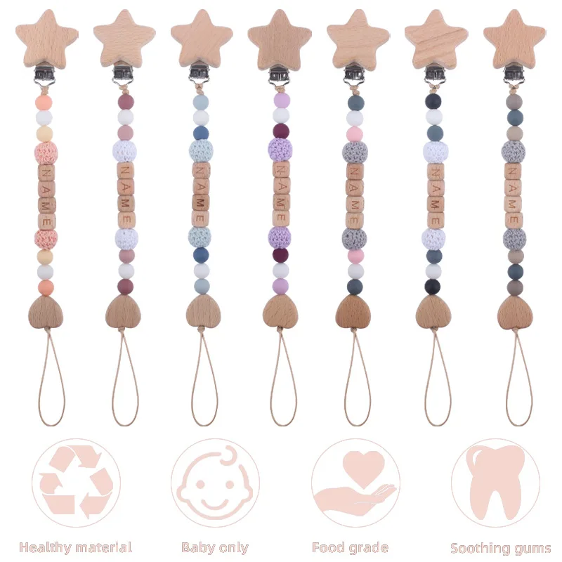 Cho Em Bé Kẹp Dây Chuyền Cá Tính Tên Sao Tình Yêu Gỗ An Toàn Teethers Dây Chuyền Đậu Nành Nhai Mọc Răng Đồ Chơi Giả Núm Vú Giá Đỡ