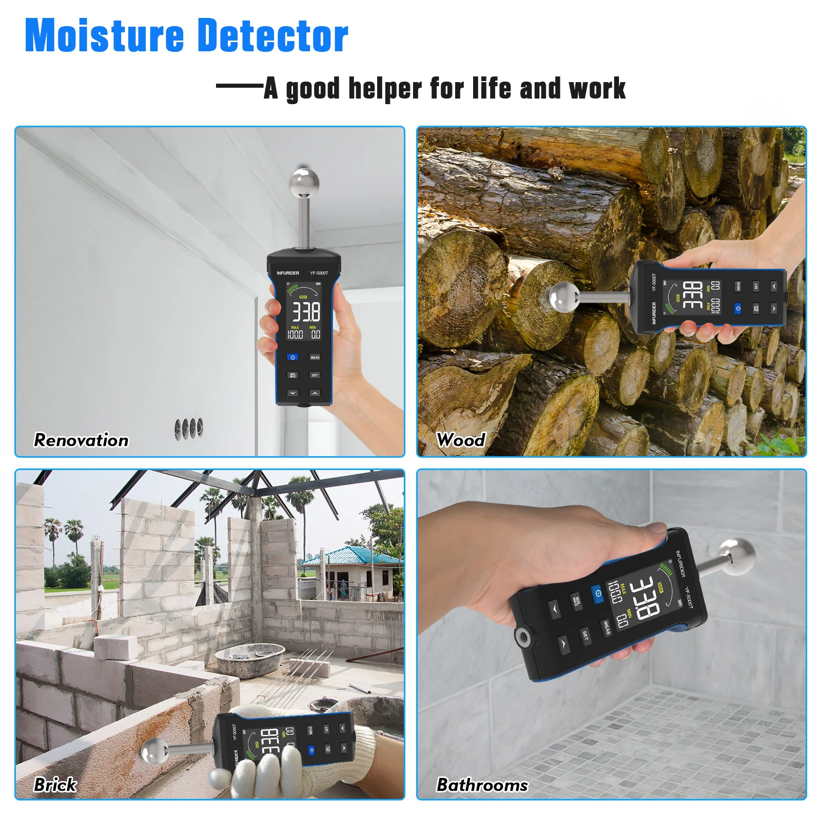 Pinless Moisture Meter with Ball Probe & Color LCD, 0~70% RH Range, Alarm Function for Wood/Walls/Concrete/Masonry/Gypsum