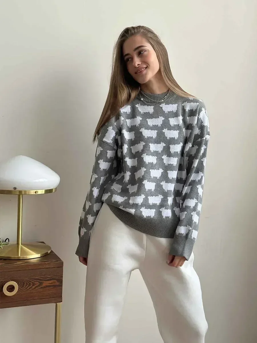 Bornladies-suéter con estampado de Alpaca y cuello redondo para mujer, suéter Retro holgado informal de longitud media, Jersey cálido para otoño e invierno