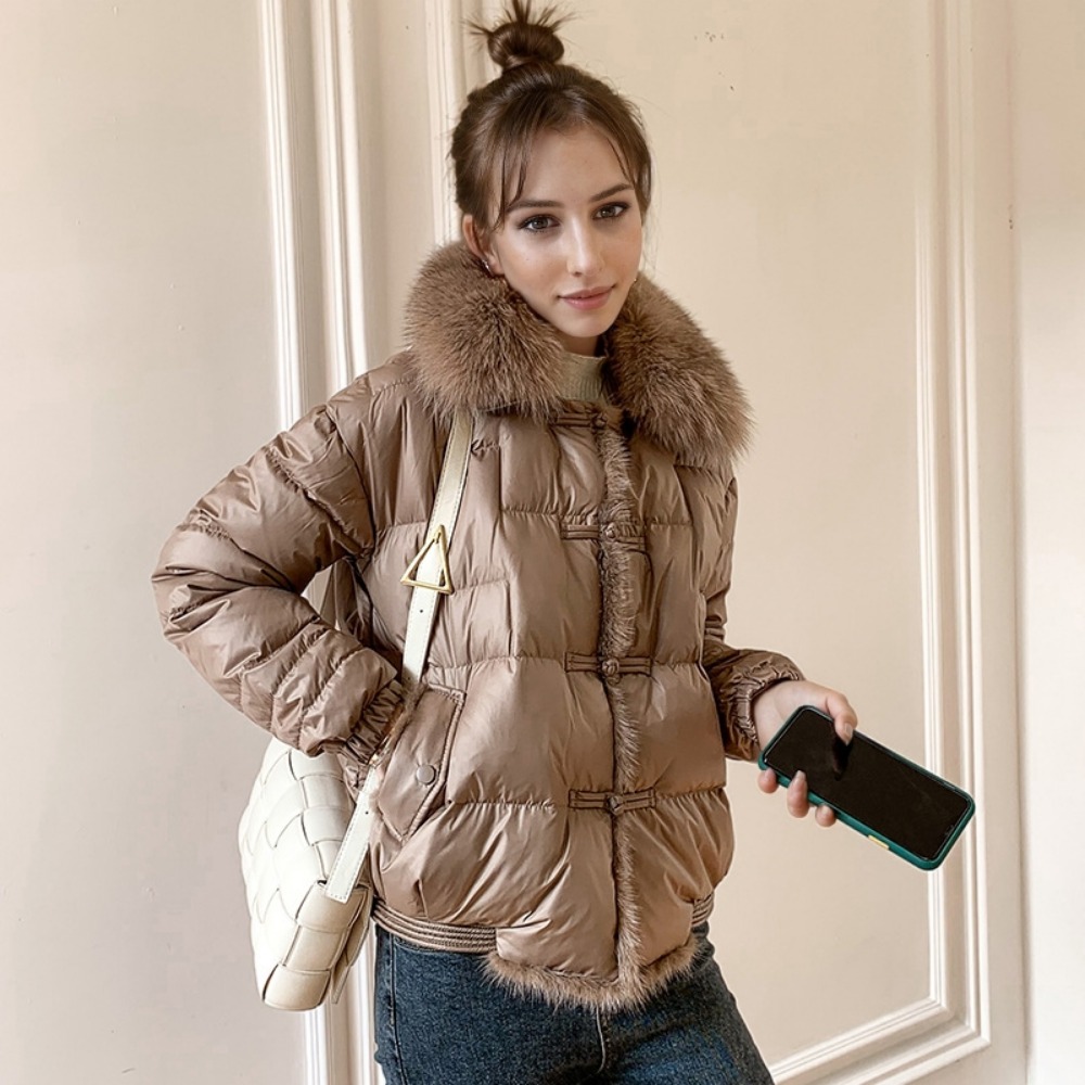 Vintage echt vossenbont jas losse witte eend donsjack dames winter vrouwen korte warme puffer jas vrouwelijke parka bovenkleding