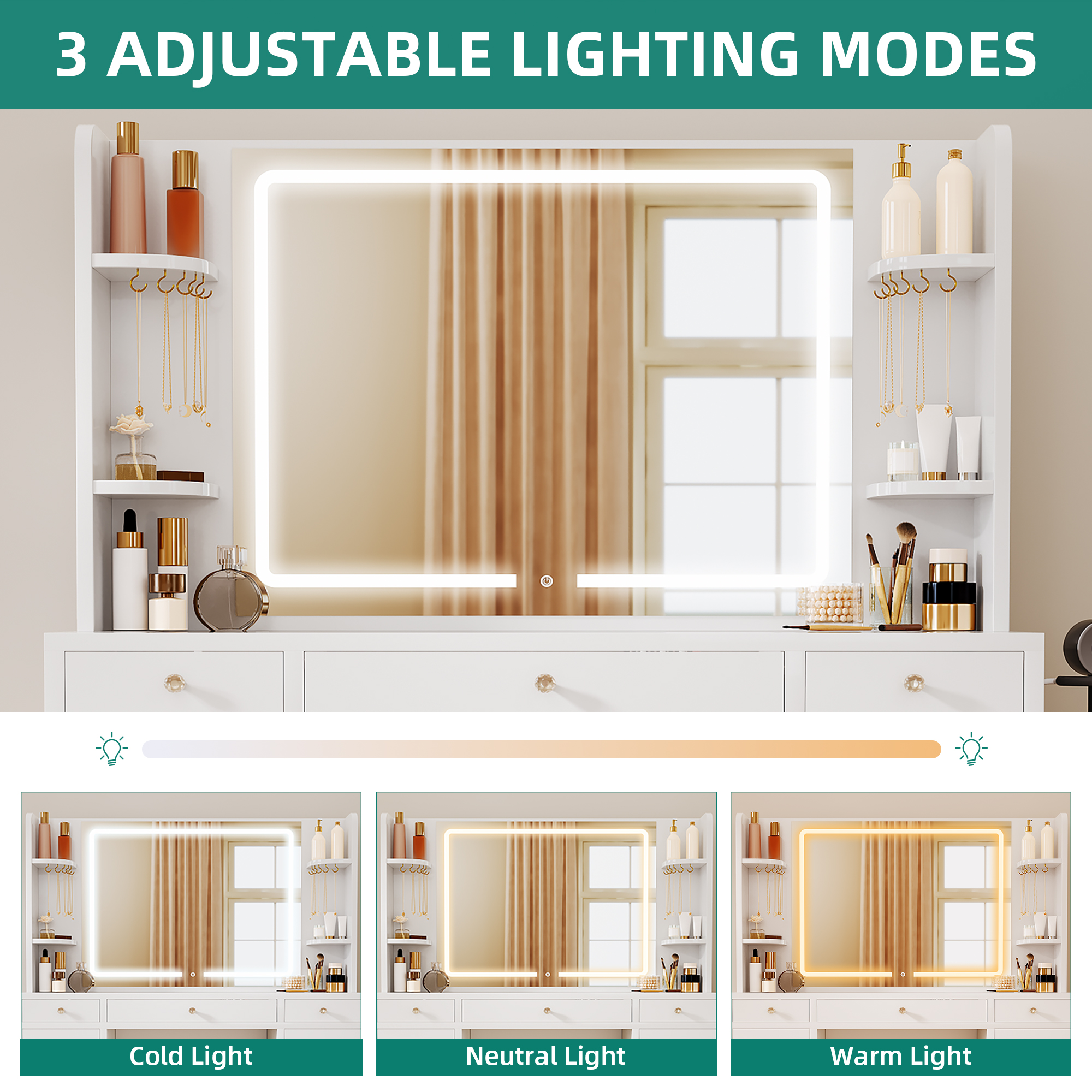 YITAHOME White Vanity Table - Adjustable LED Lighting & Outlets, 9 Drawers with Dividers, Transparent Desk for Makeup