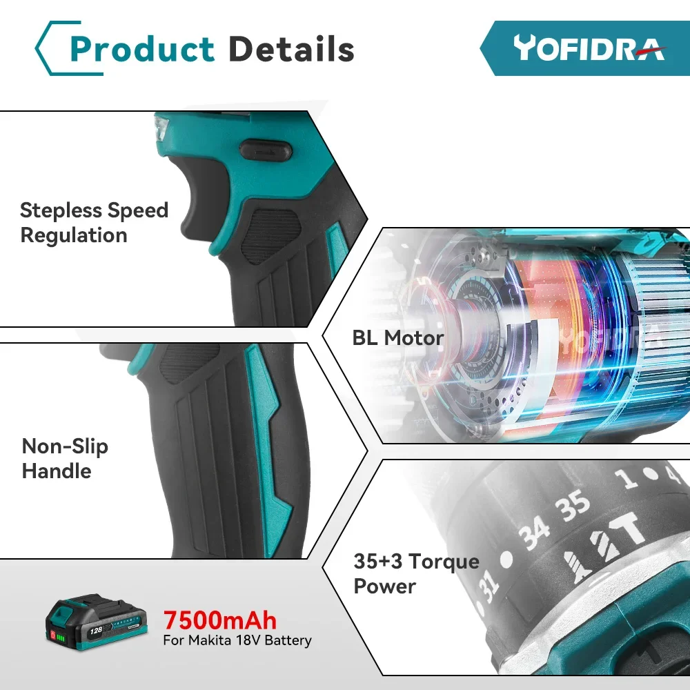 Yofidra 13MM 35 + 3 Drehmoment Bürstenlosen Elektrischen Schlagbohrmaschine Akkuschrauber DIY Power Tool Für Makita 18V batterie