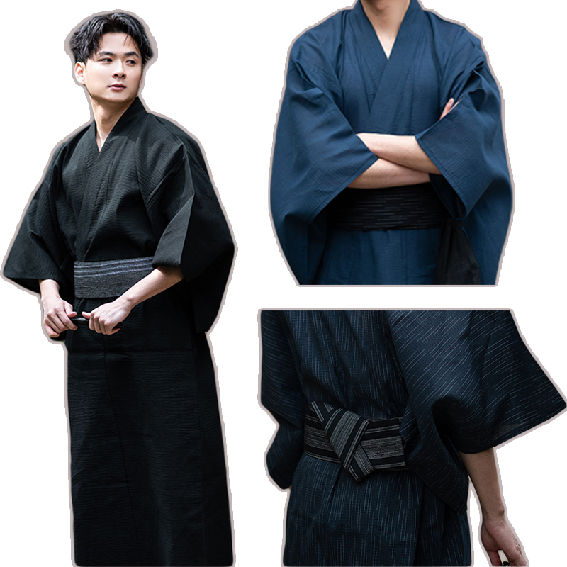 Japanischer traditioneller Samurai-Kimono für Männer, Yukata-Bademantel, Hekoobi, lockerer Stil, Saunakleidung, Homewear-Gürtel, langes Kleid aus Baumwolle