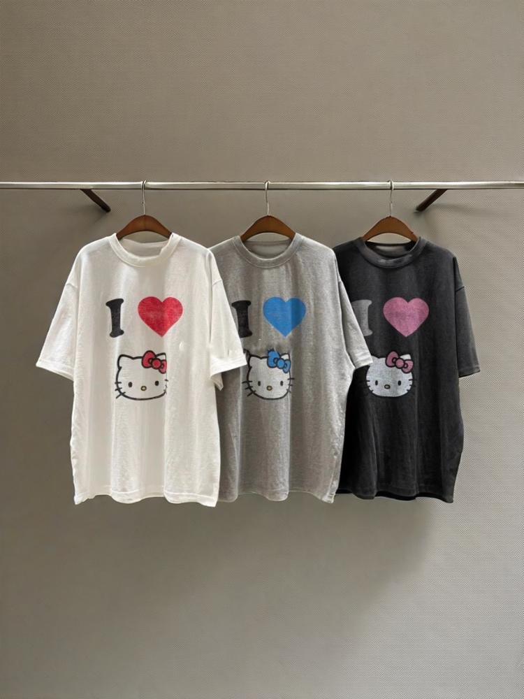 Retro Vintage Koreanische Sle Plus Größe Rundhals Overhead Kurzarm T-Shirt Ka Katze Drucken Lose Fit frauen Pendeln Mode t