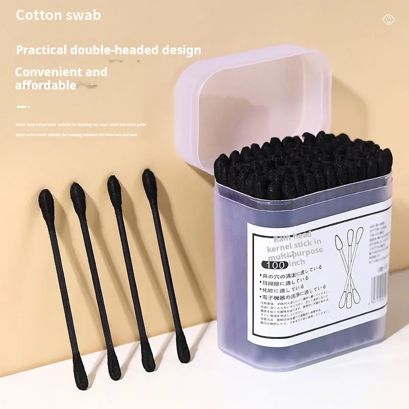 Novo encaixotado cotonetes de algodão preto japonês earpick cotonetes limpo cravo earpick descartável cotonetes de algodão de ponta dupla