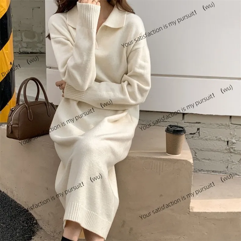 ZOCI-gaun rajutan sweater tebal longgar model kerah polo untuk wanita, cocok untuk musim gugur dan musim dingin, panjang selutut, gaya santai.