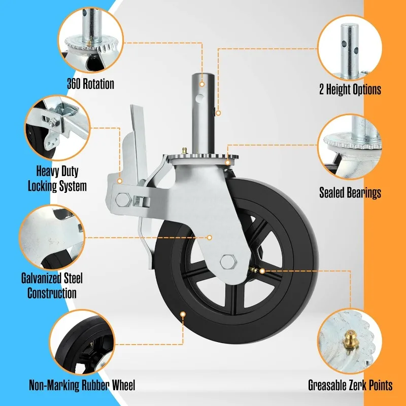 Scaffolding Wheels, Scaffold Wheels, 8 Inch, 4400 LB. Capacity, Set of 4, Double Locking Brakes, Grease Fittings, Swivel