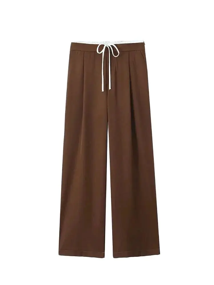 Calças femininas de cintura dupla com pernas largas, cintura alta elástica com cordão, bolsos laterais, calças femininas, moda chique