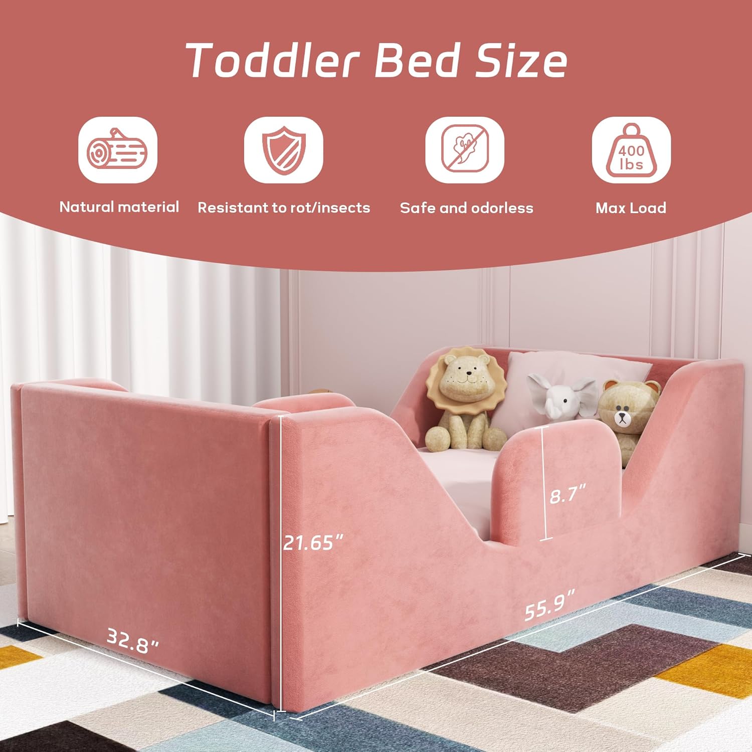 Toddler Floor Bed Frame with Guard Rails, Small Bed for Kids Boys and Girls Aged 2-6 Years, Certified Fabric Toddler Beds,Pink