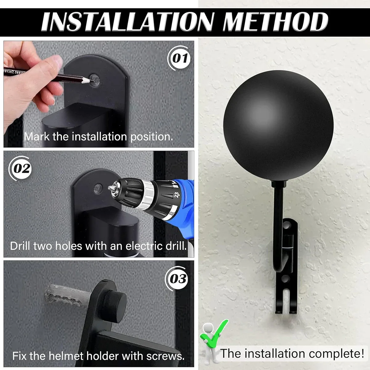 Soporte para casco de motocicleta Soporte de pared 180 ° Estante para casco de bicicleta de fútbol con rotación, soporte de suspensión para exhibición de casco con 2 ganchos para gorras