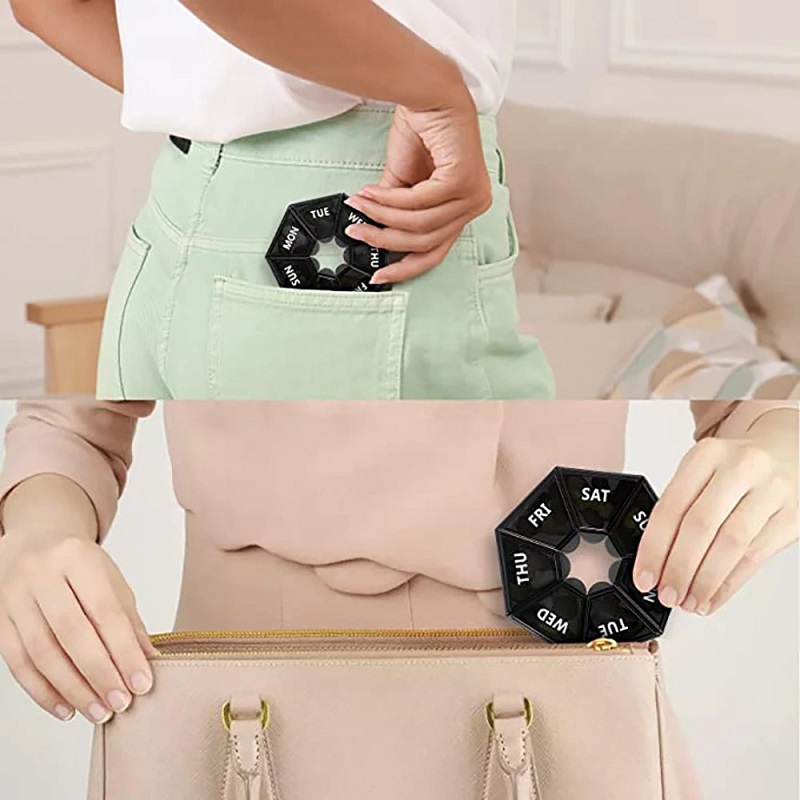 Wekelijkse 7-daagse pillenorganizer Draagbare reispillendoos Multifunctionele kleine medicijnkoffer Zwart