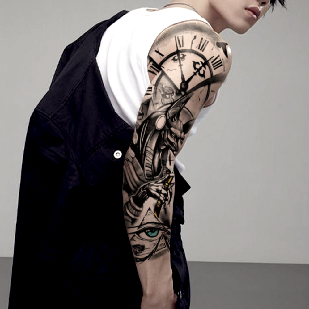 男性と女性のための一時的なタトゥーステッカー,フルアーム,防水,古代ギリシャ,egypt,greece,zeus,アイパターン,偽のボディーアート