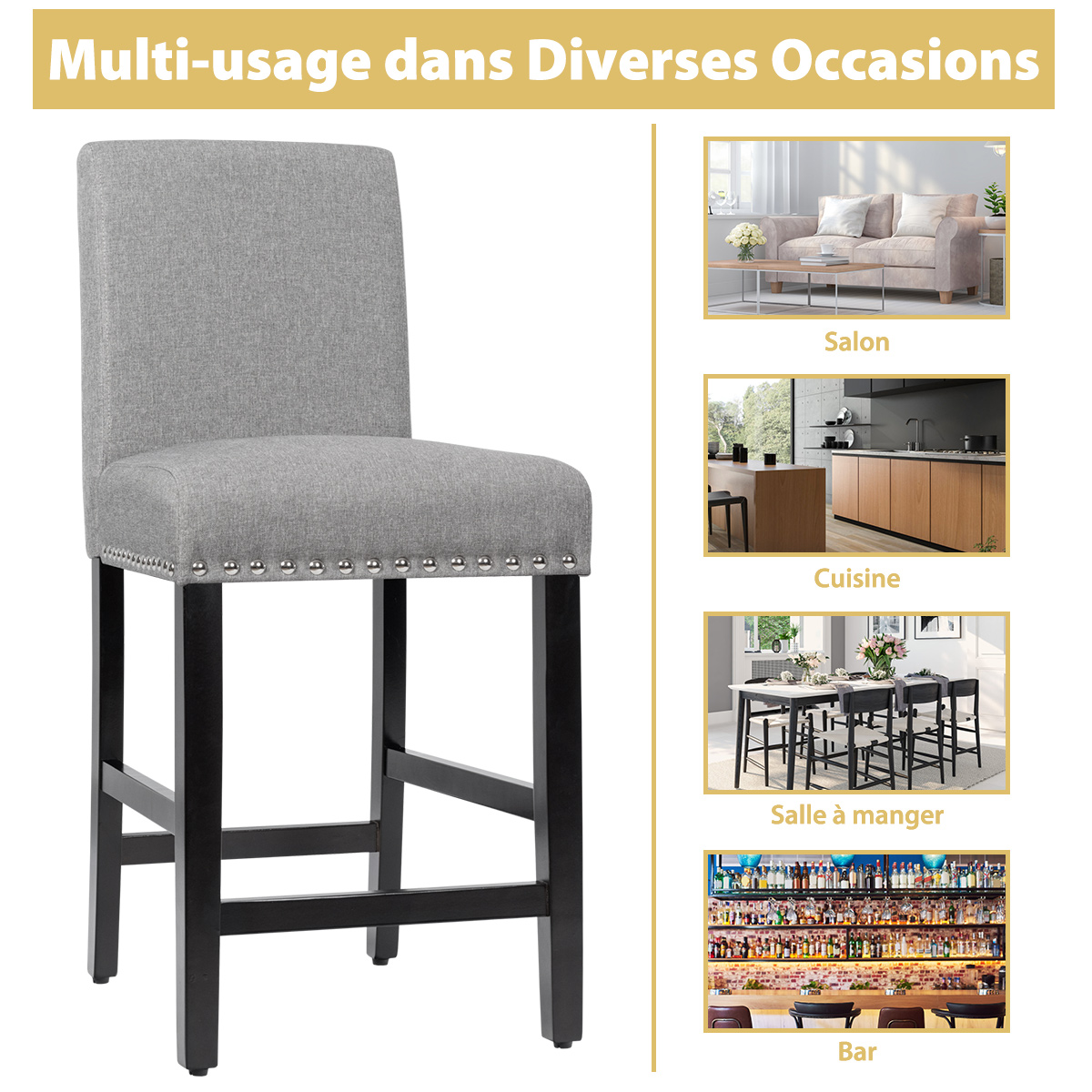 Chaises Salle Manger Lot de 2, Tabouret de Bar en Lin Rembourrées avec Haute Dossier, Pieds en Bois d'Hévéa, Design Rivets, Hauteur d’Assise 45 Cm, Fauteuil Salle a Manger pour Cuisne, Salon