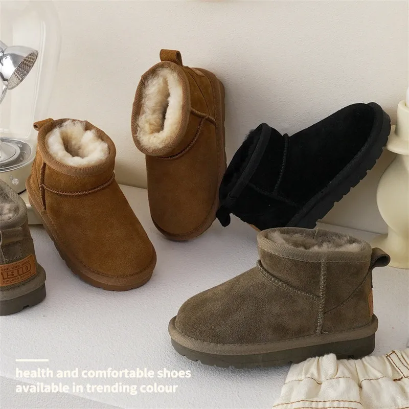 Botas de nieve de lana para niños, botas de cuero genuino de calidad para niños y niñas, zapatos de algodón de ante vacuno suave para bebés, botas de invierno para niños