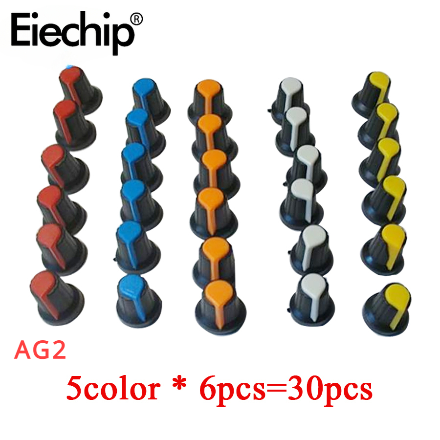 30 Stück AG3 AG2 Drehschalter-Knöpfe, sortiertes Set, 6 Farben WH148 Potentiometer-Knopf, DIY-Lichtdimmer, Lautstärkeregler-Knopf-Kappen-Set