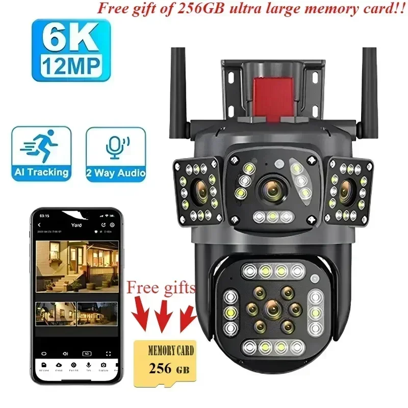 12MP 6K HD WiFi IP Kamera Kostenlose 256G Karte Geschenk Drei Bildschirme PTZ Outdoor Tracking CCTV Überwachung Cam Smart Sicherheit Schutz