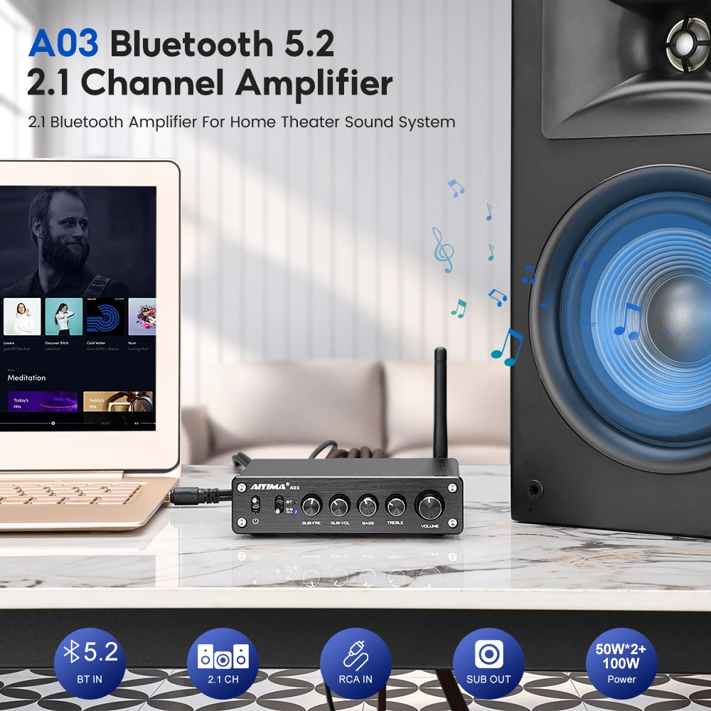 AIYIMA TPA3116 Loa Siêu Trầm Ampli Bluetooth HiFi TPA3116D2 2.1 Âm Thanh Kỹ Thuật Số Bộ Khuếch Đại Công Suất 50Wx2 + 100W Âm Thanh Amplificador A03