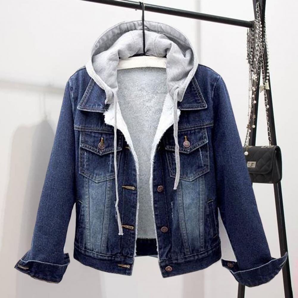 Frauen Winter Jacke Mit Kapuze Solide Lange Ärmel Abnehmbare Hut Dicke Warm Halten einreiher Plus Größe Plüsch Denim Winter mantel