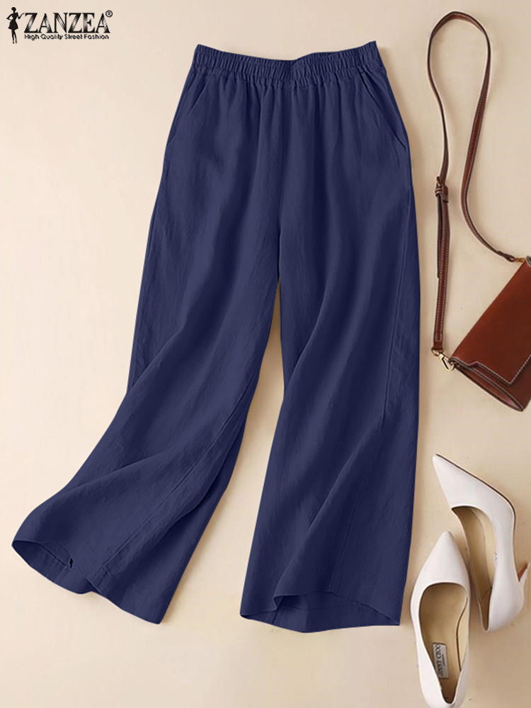 ZANZEA Pantalones de verano para Mujer, Pantalones de pierna ancha con cintura elástica de lino y algodón, Pantalones informales ligeros y sólidos Palazzo de Mujer 2025