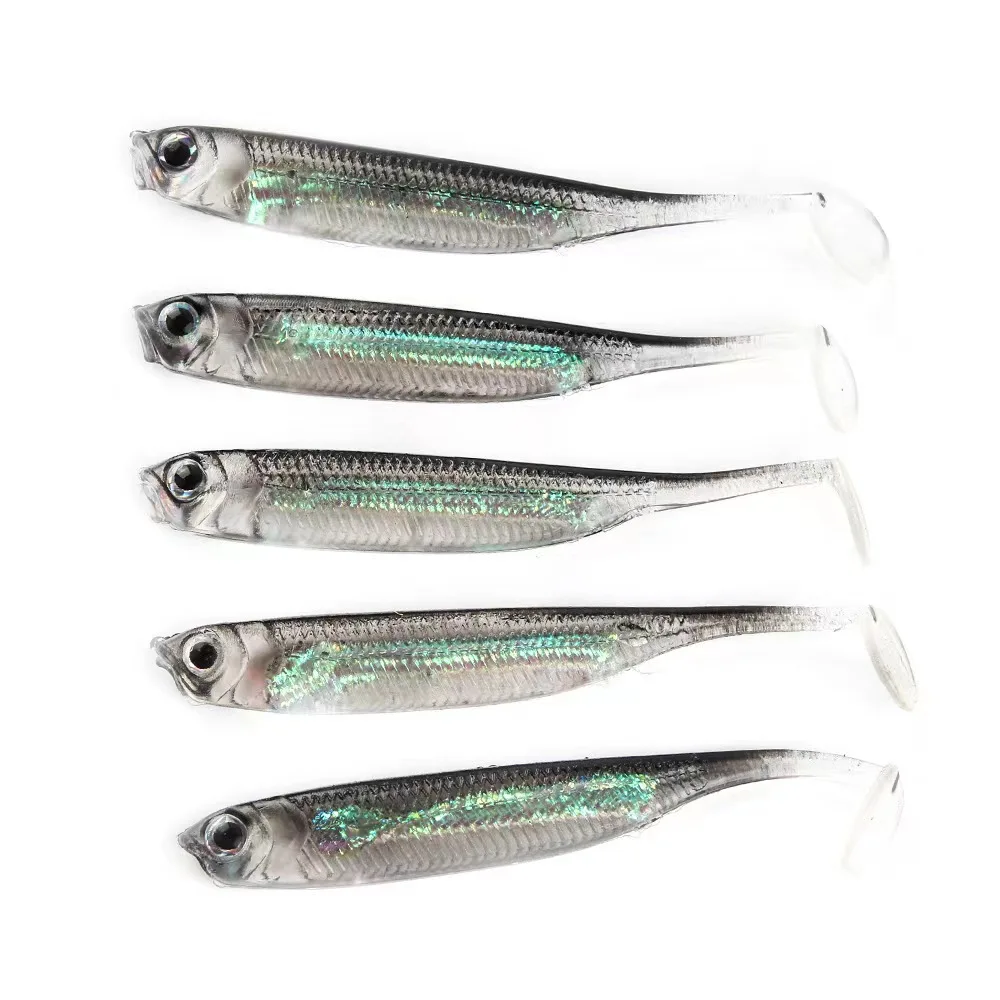 5 unids/lote cebo suave de pesca cola en T Señuelos de Pesca de peces Color arcoíris columpio de lentejuelas cebo giratorio de pesca