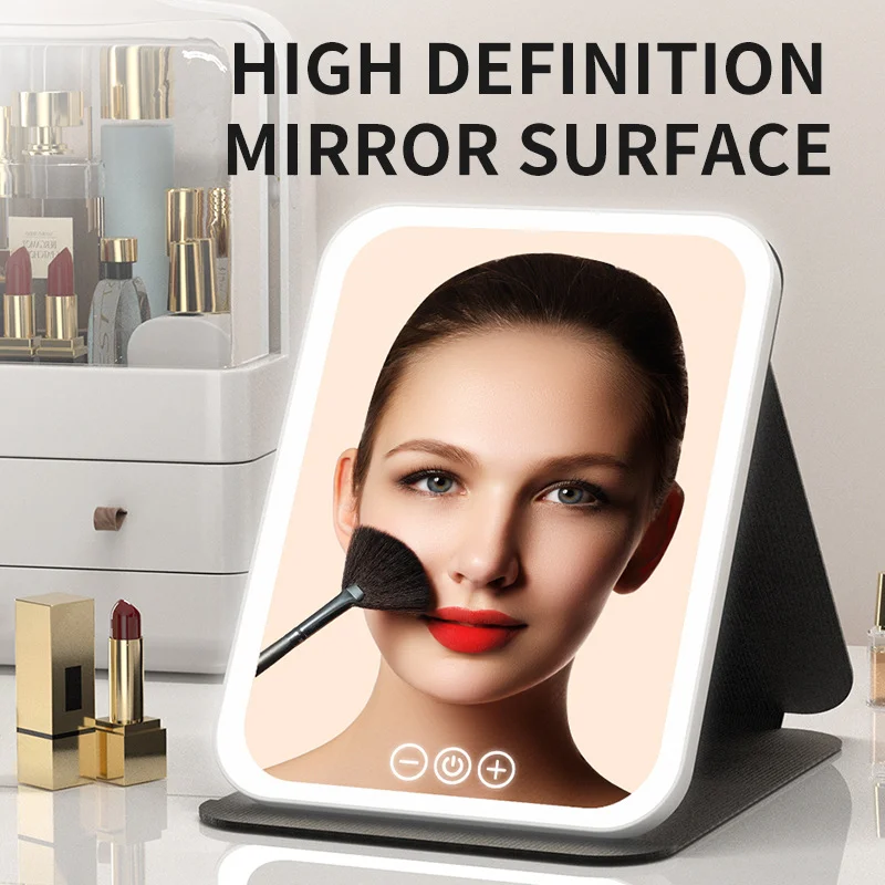 Espejo de maquillaje LED regulable, 3 modos de luz de colores, ajuste de brillo, espejo plegable de carga USB, espejo de tocador de mesa para viaje a casa