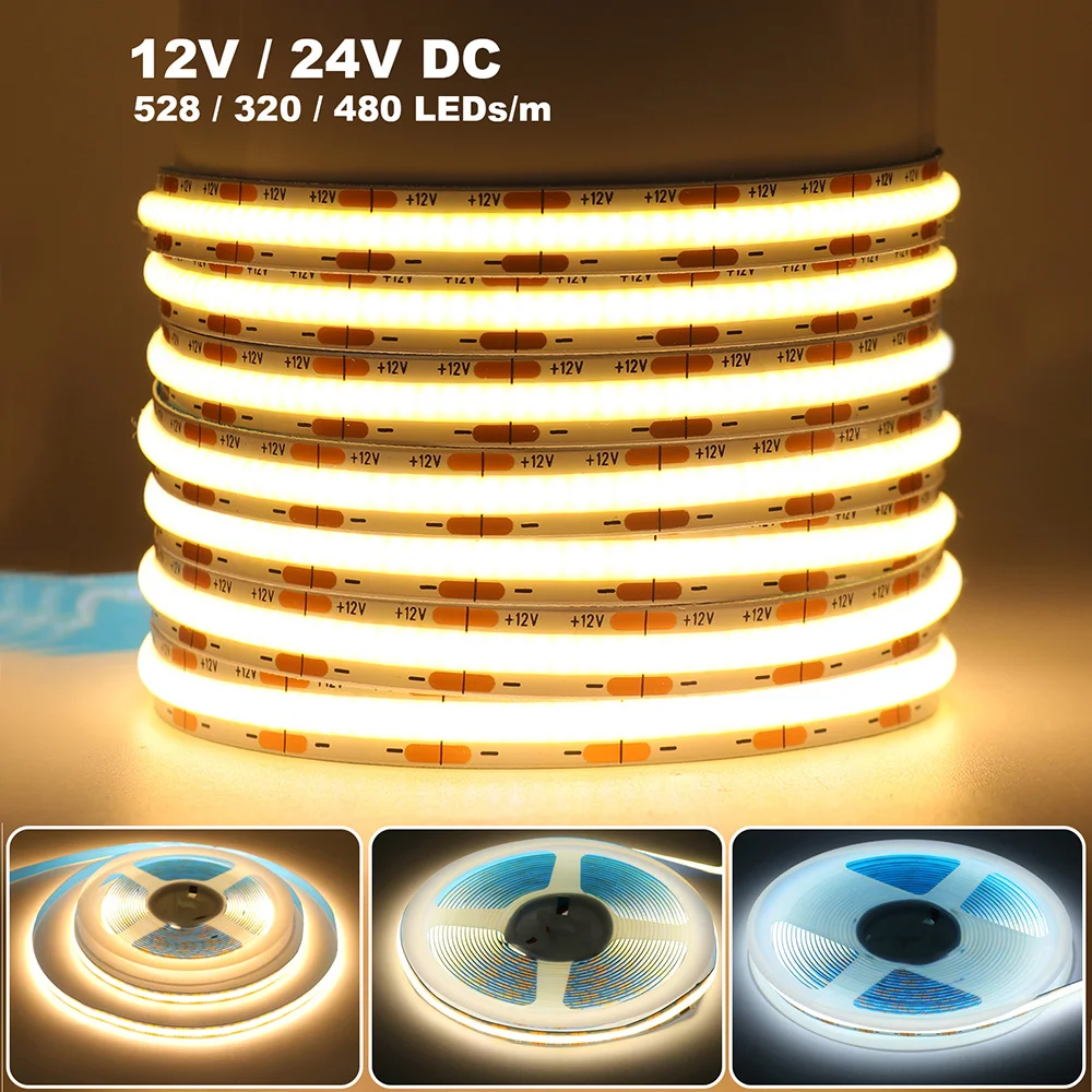 Tira de luces LED COB de 12V 24V CC, 320, 480, 528 LED, cinta Flexible, iluminación lineal de alta densidad, blanco cálido, 8mm, PCB, 0,5 m, 1m, 2m, 5m, 10m