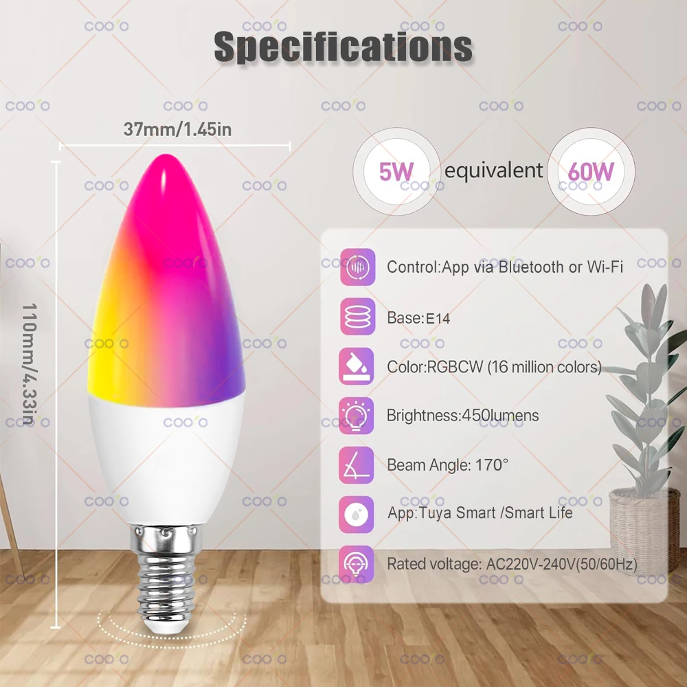 Tuya Wifi E14 Lampada a candela Controllo app Lampadina intelligente Bluetooth RGB + CW Luce LED Dimmerabile Lampade di gruppo di cristallo Funziona con Alexa Google