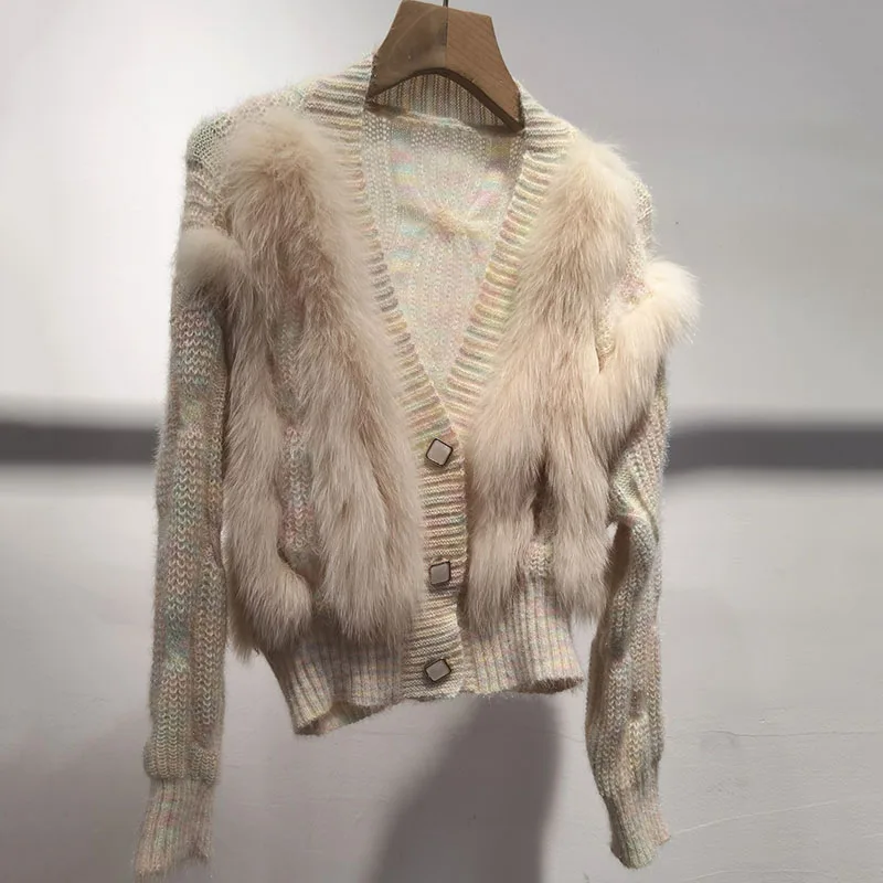Frauen Kurze Strickjacke Pullover Mit Echt Fox Pelz Langarm Warme Herbst Casual Echtem Pelzmantel Weibliche Pullover Jacke