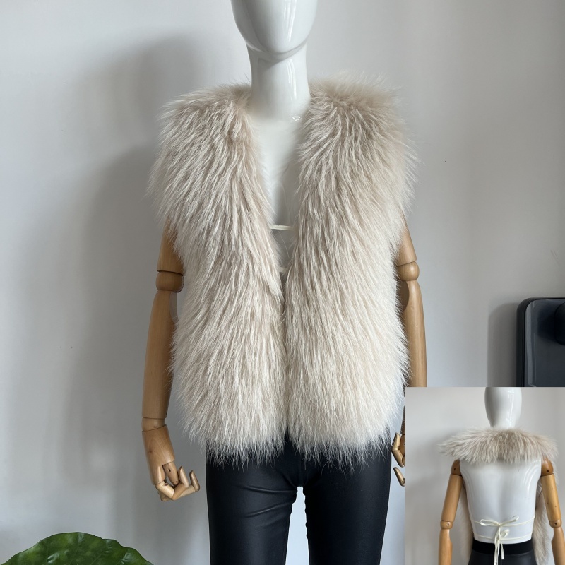BEIZIRU vrouwen Pluizige Luxe Echt wasbeer Bont Halter Vest Mouwloos Diepe V-hals Solid Top Bovenkleding