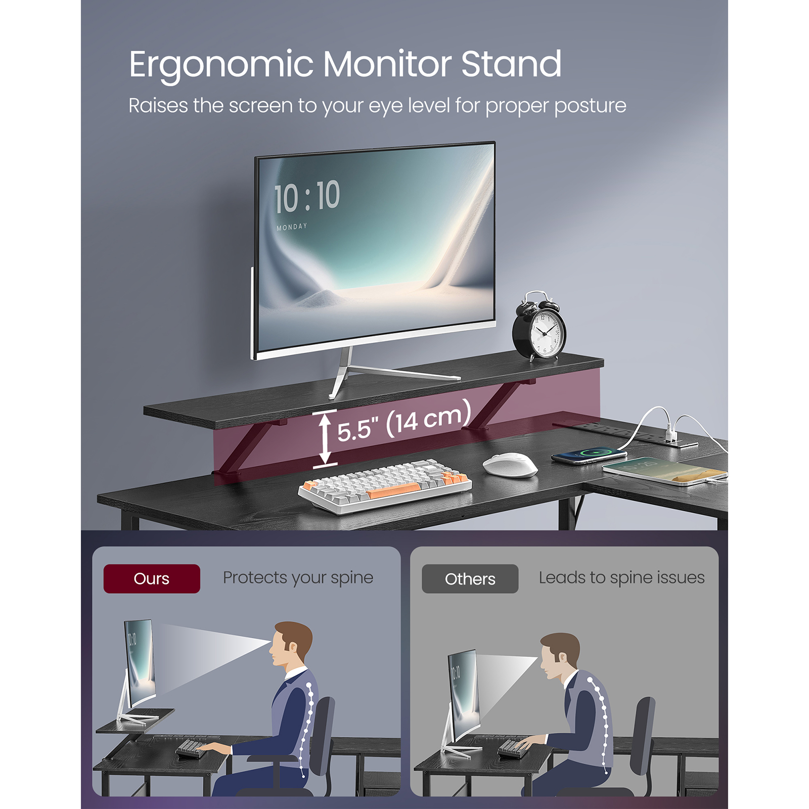 VASAGLE L-Shaped Desk with Power Outlets, Corner Desk, Gaming Desk with LED Lights, 2 Drawers, 2 USB Ports, 150x120x89cm