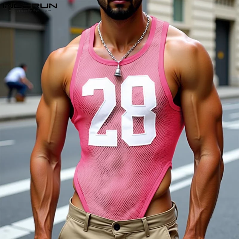 Men Bodysuits Mesh Patchwork O-neck Sleeveless Male Tank Tops Bodysuit Transparent Summer Sexy 2025 Rompers Streetwear INCERUN