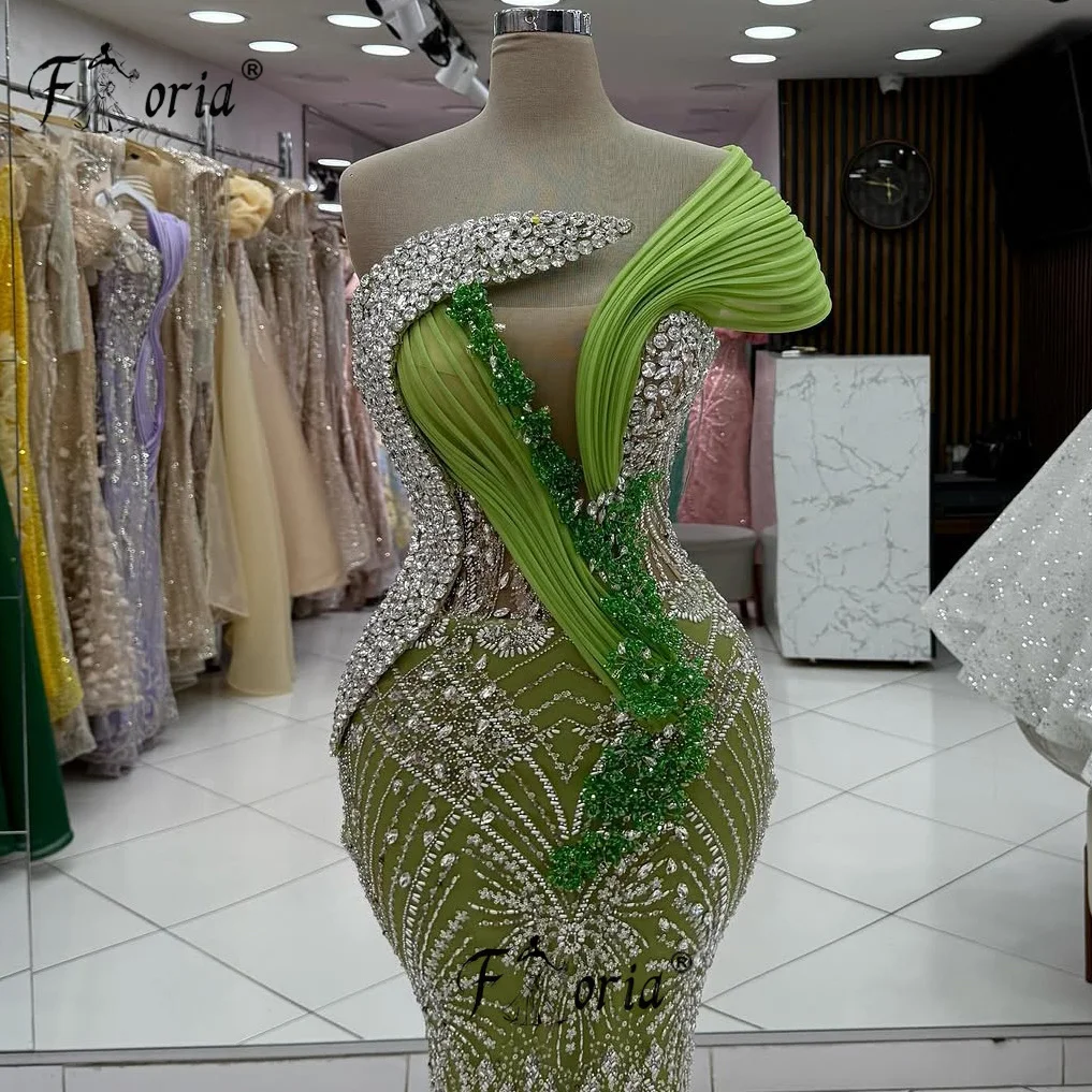 Novo elegante verde frisado vestido de baile cristais brilhantes formal vestido de noite personalizado cocktail robes longues soirées élégante 2025