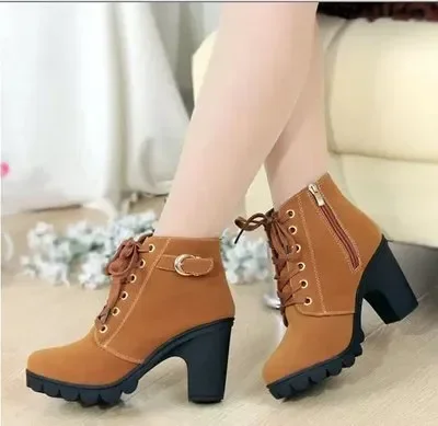 Botas de invierno de tacón alto para mujer, Botas cortas con correas cruzadas, cómodas Botas impermeables, cálidas, de talla grande 42