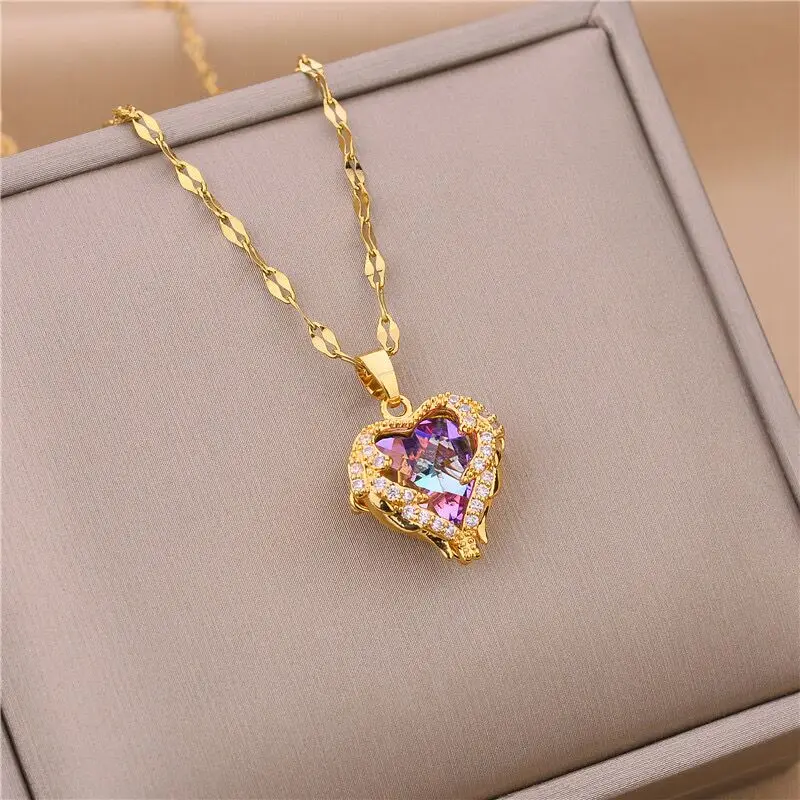 Top Luxus Bunte Kristall Ozean Herz Anhänger Halskette Für Frauen Trendy 316L Edelstahl Schmuck Weibliche Hochzeit Hals Kette