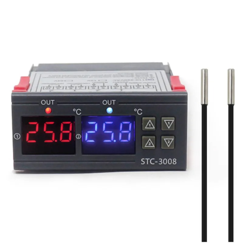 Dual Digital Temperature Controller Thermostat Thermoregulator Incubator Relay LED 12V24V 220V Heater Cooler Dual Probe STC-3008