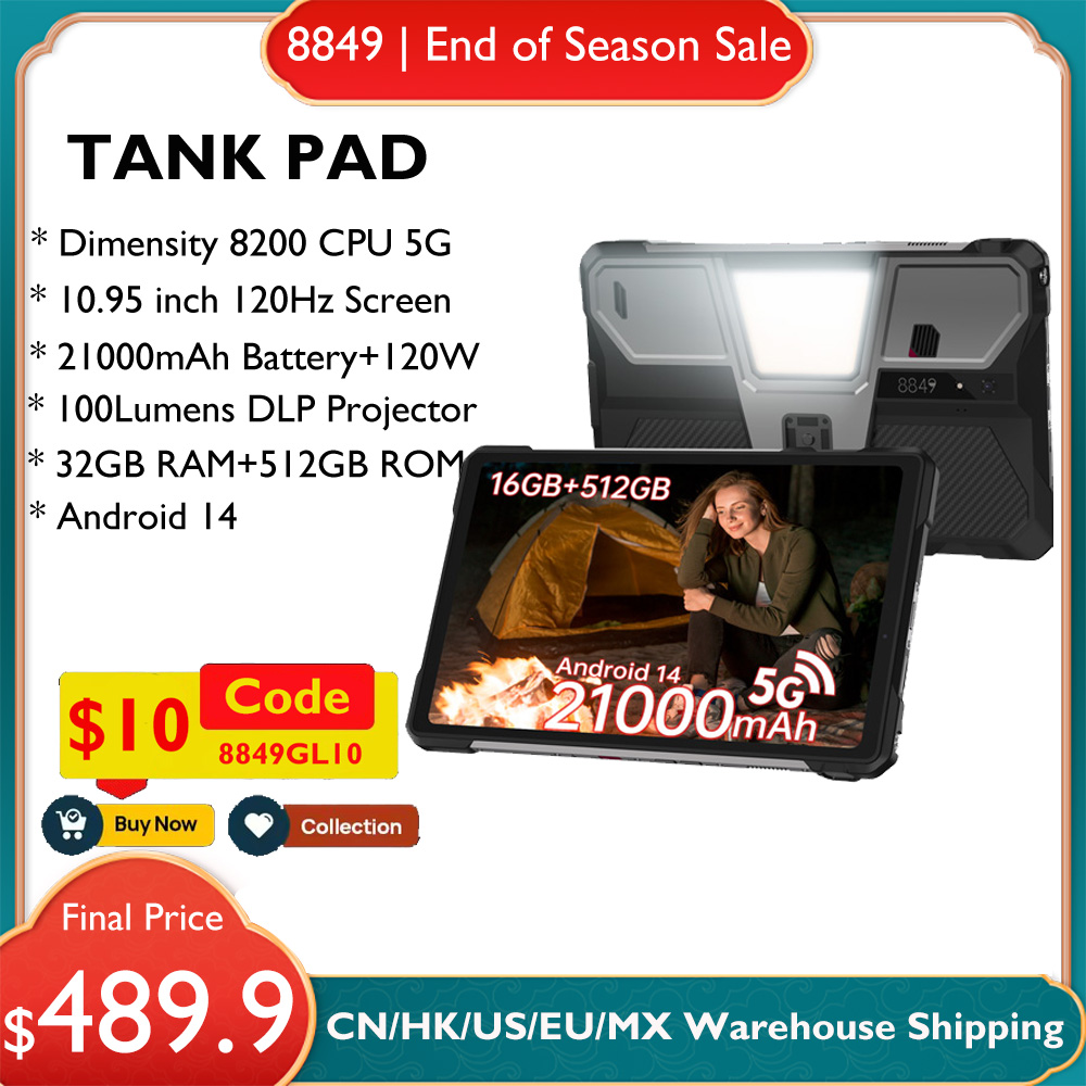 8849 TANK PAD Unihertz Tablet Robusto Projetor 10,95 polegadas 120Hz 32GB 512GB 21000mAh 32MP + 50MP 66W Telefone Tablet
