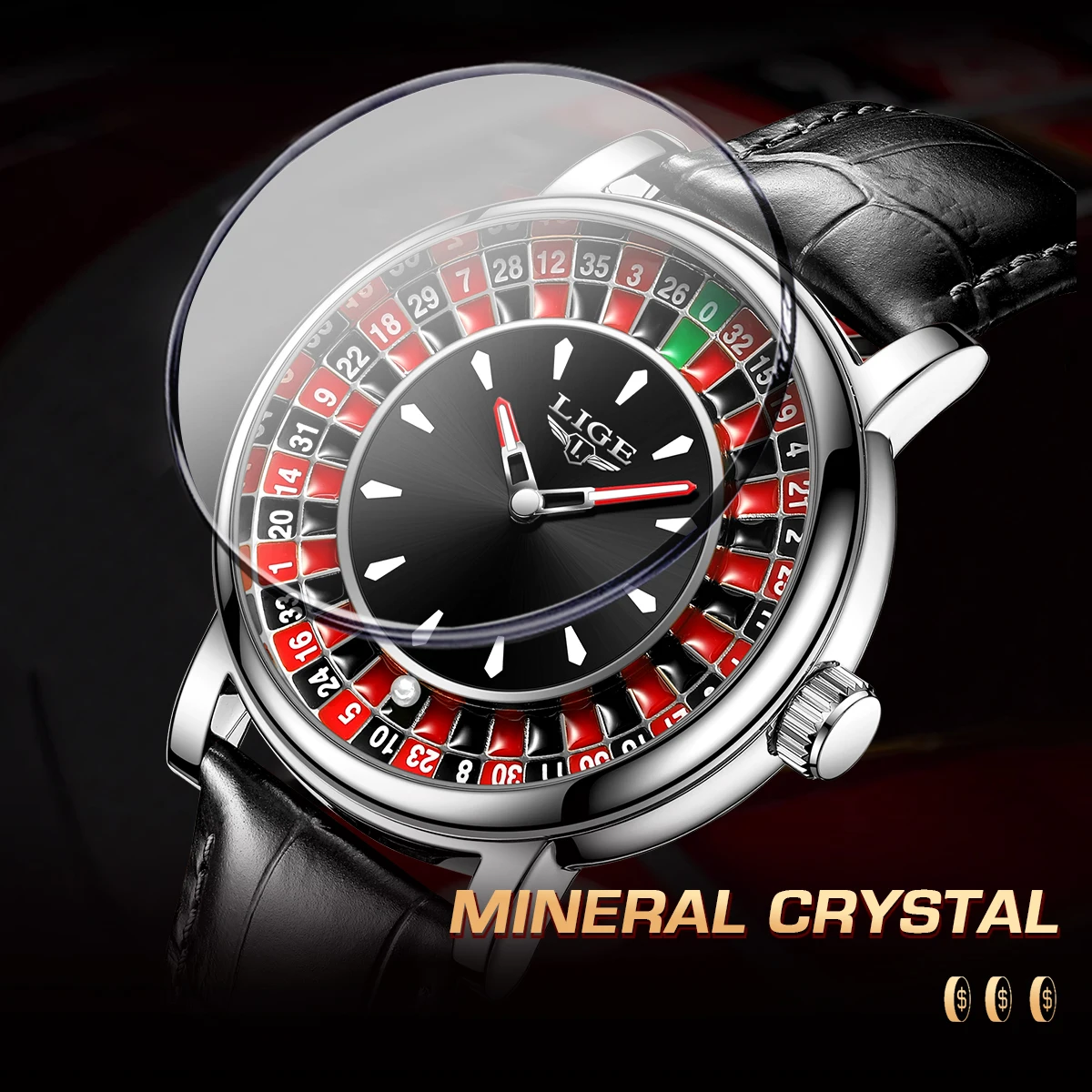 LIGE Quartz homme montre mode luxe créatif Roulette jeu cadran conception en cuir décontracté vie étanche montres pour hommes cadeaux + boîte
