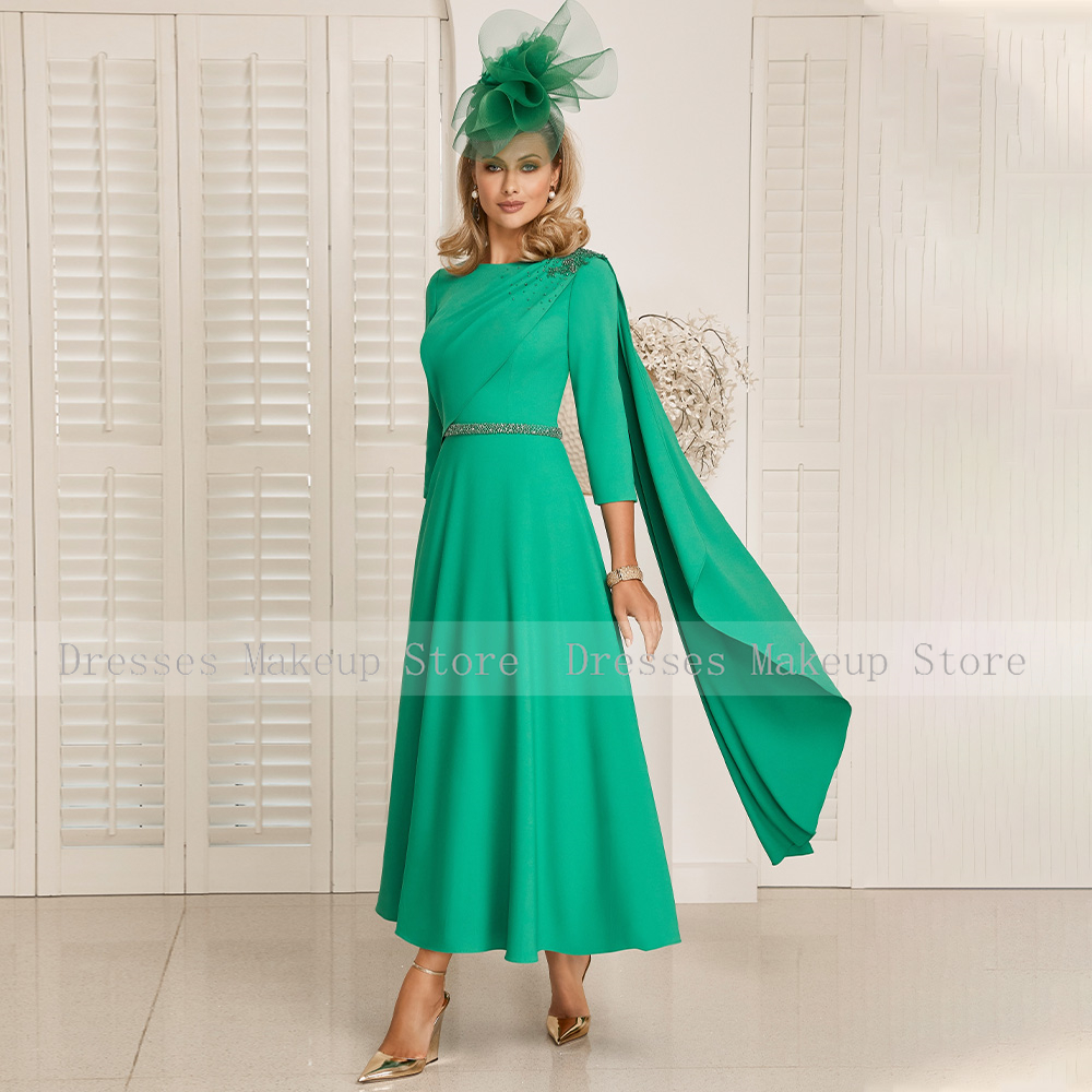 Mutter der Braut Kleid für Hochzeiten knöchel langen O-Ausschnitt Ärmel eine Linie Perlen Gürtel Apfel grün kurze Hochzeit Gast kleider