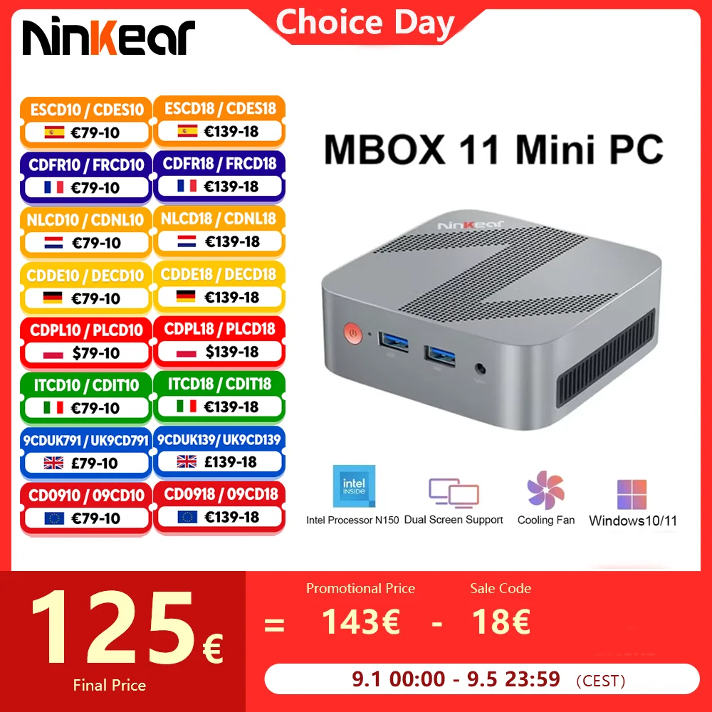 Ninkear MBOX 11 Mini PC Intel N150 fino a 3,6 GHz 16 GB DDR4 512 GB SSD 2.4G + 5G WIFI HDMI 3.0*2 Supporto 2 Schermi Windows 11 Computer
