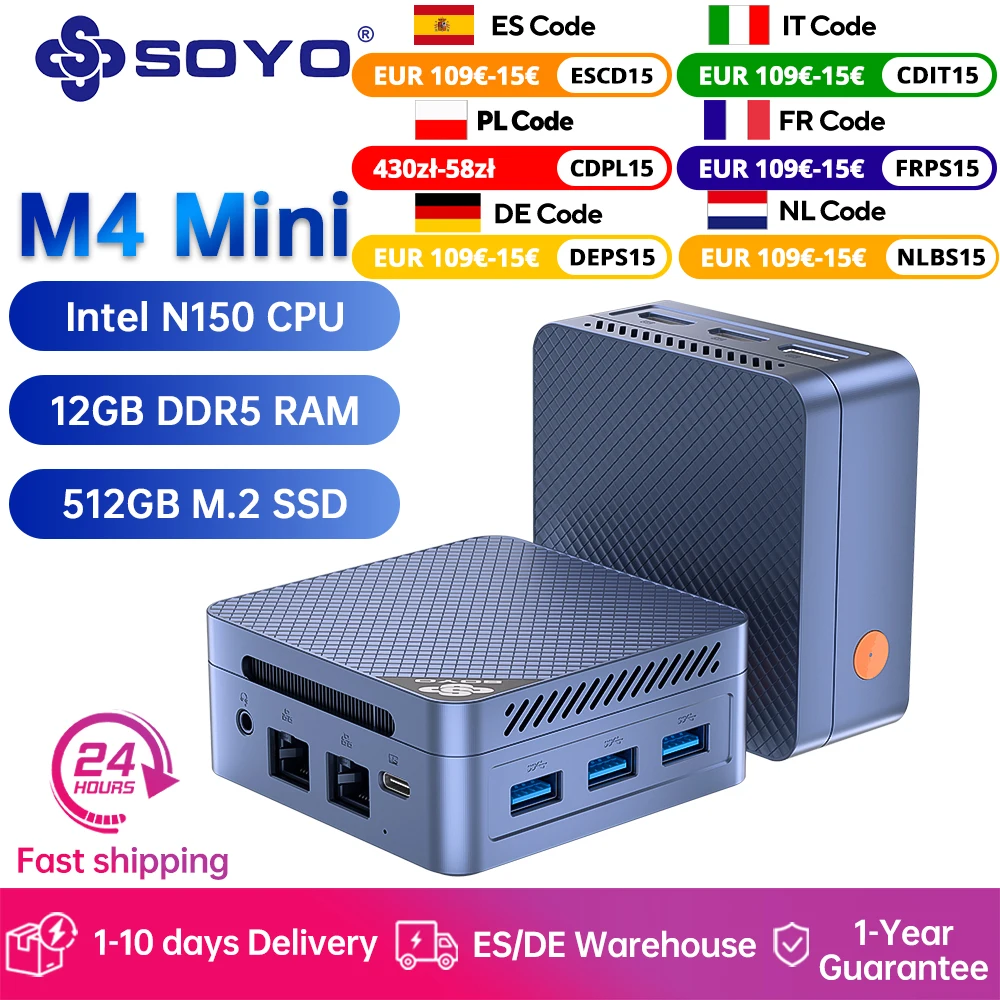 SOYO Mini PC M4 Mini Intel Twin Lake N150 CPU Windows 11 Pro Mini PC 12GB DDR5 512GB RAM WiFi5 BT5.2 ordenador de escritorio portátil