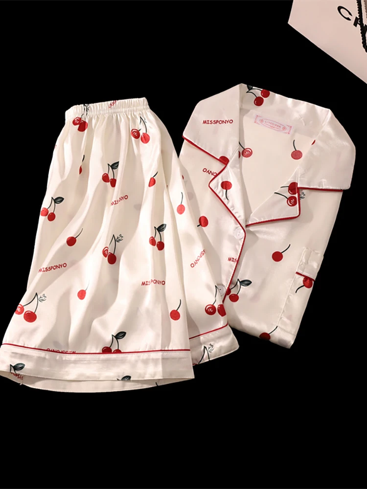 Conjunto de pijamas de seda com estampa cereja para mulheres verão camisa de manga curta e shorts duas peças pijamas homewear