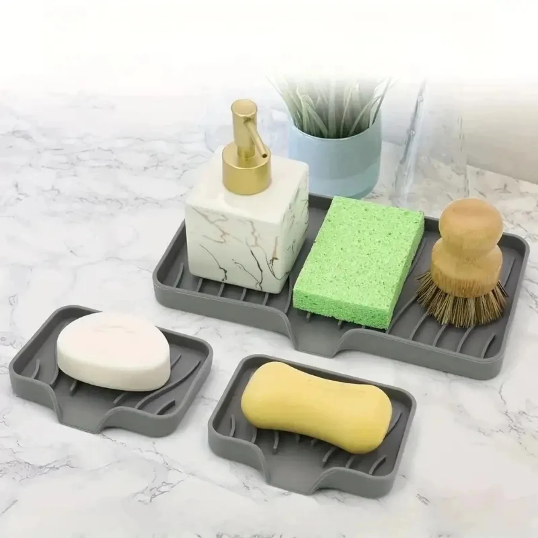 Vassoio in silicone per lavello con scarico Portaoggetti per spugna per sapone Lavello da appoggio Spazzola per spazzole Organizzatore da cucina
