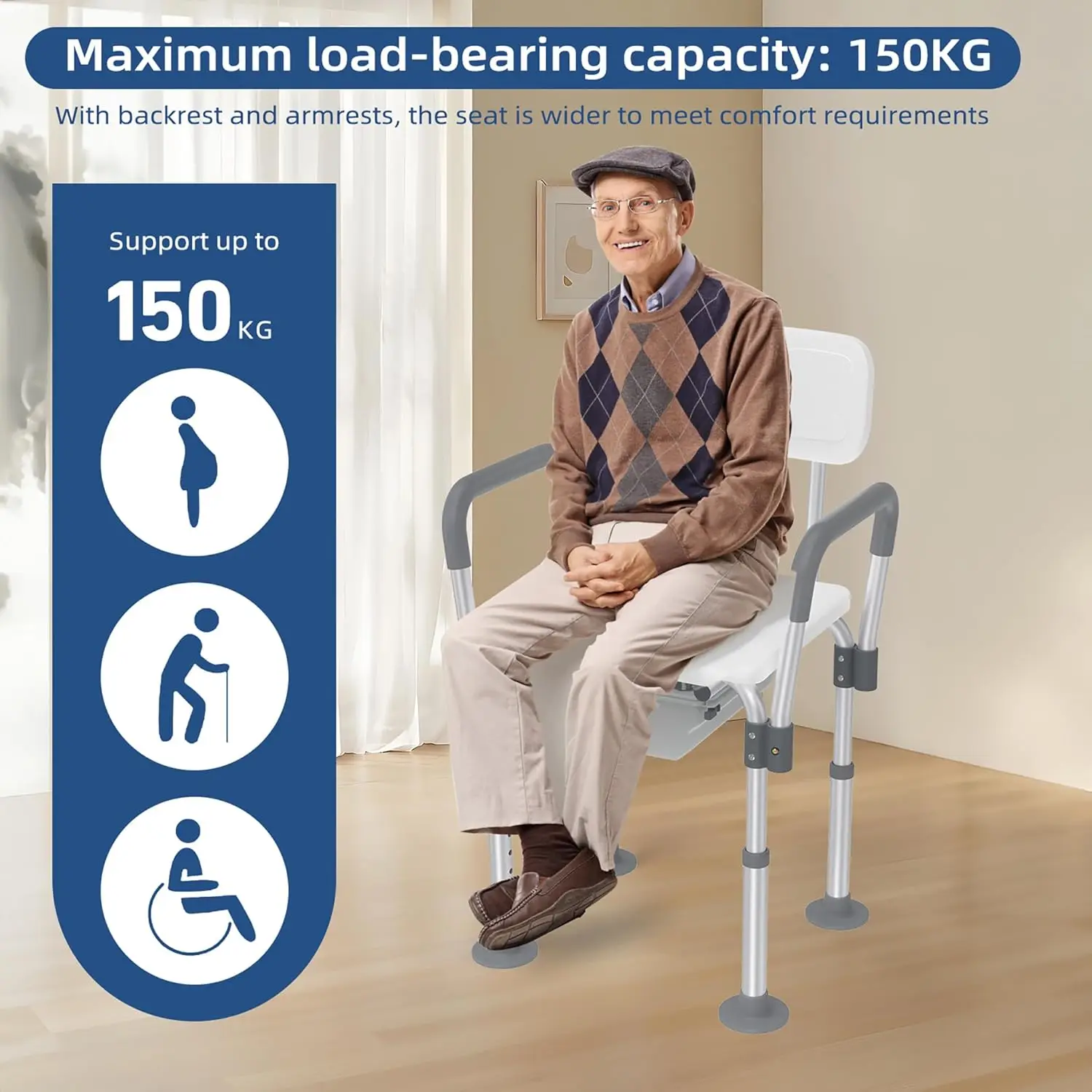 Toilettenstuhl Shower Stool Height Adjustable 2-in-1 Duschstuhl Badhocker Nachtstuhl mit Bucket, Armrest and Backrest WC-Chair