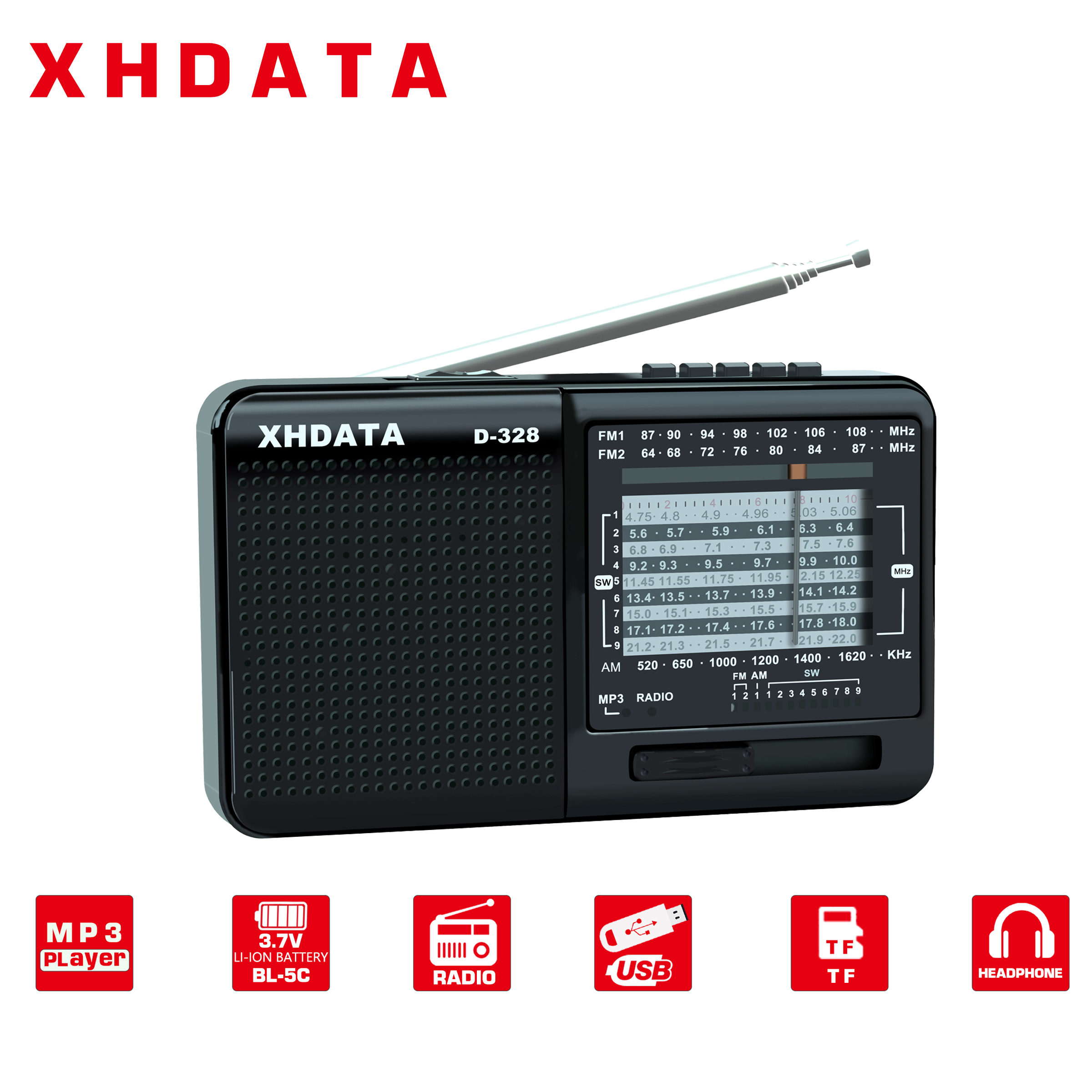 XHDATA D-328 Vielseitiger tragbarer AM/FM/SW DSP-Radioempfänger mit MP3-Player, TF-Karte, USB und Bluetooth-Konnektivität