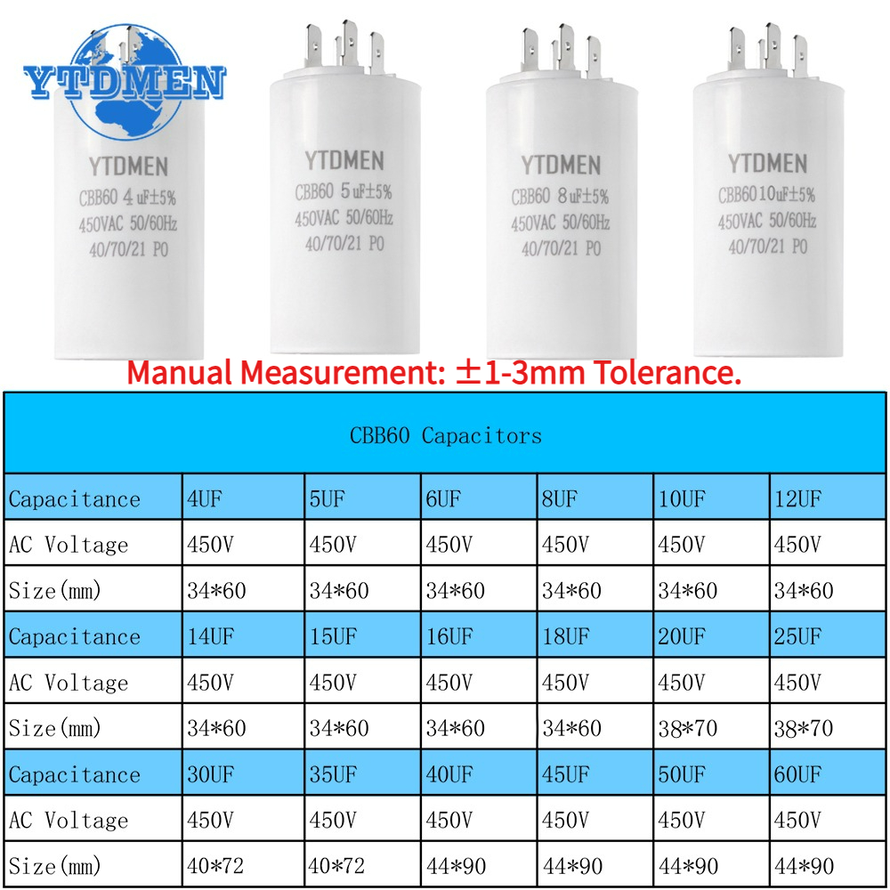 1 Uds CBB60 condensador de arranque 450VAC 4pin doble inserto reemplazo eléctrico condensadores de funcionamiento de Motor 4UF 5UF 6UF 8UF 16UF 20UF 60UF