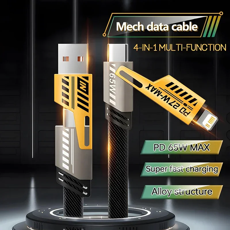 4-in-1 Fast Charging Cable, 65W PD QC Mecha Cable for Android/iPhone, USB C Multi-Port Quick Charge Wire